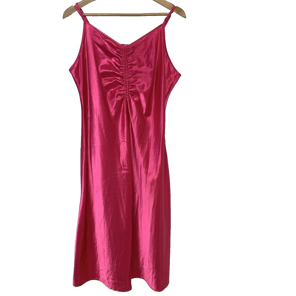 Hot Pink Satin Slip Dress Midi‎ Sleeveless XXL2XL Ruched Front Romantic Feminine